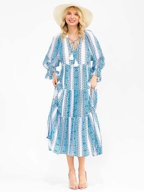 En Creme Blue Patterned Boho Tiered Midi Dress with Tassel Tie